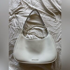 Michael Kors White Pebbled Leather Hobo Shoulder Bag with Chain Accent